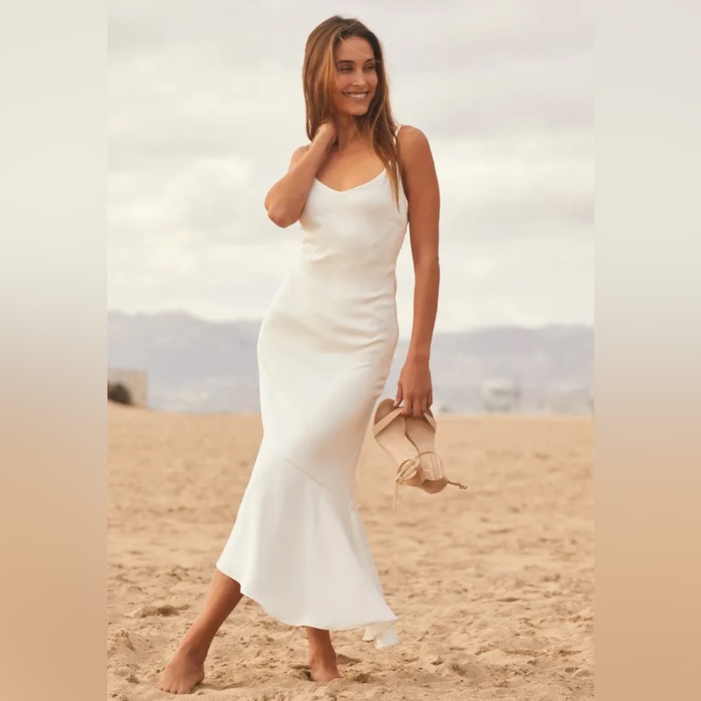 Lulus Women’s Strictly Romance White Satin Asymmetrical Tiered Midi Dress - L